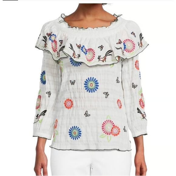 John Mark Embroidered Floral Boho Crinkle Strapless Ruffle Top White Size Large - Picture 7 of 10